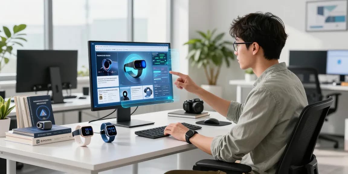 AI wearables showcased in a modern tech workspace, highlighting innovative devices and engaging user interaction.