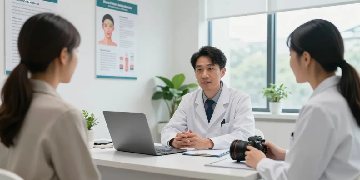 Physician explaining melanoma risks of tanning beds to patient in a modern clinic; read more on skin health.