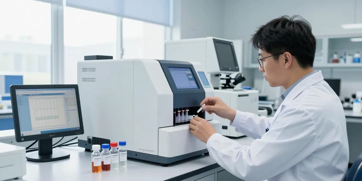 Ascension Peptides Review featuring scientists conducting lab tests on peptide compounds with HPLC machines and data analytics.