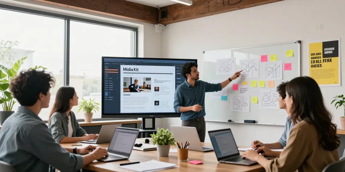 Marketing professionals collaborating on a digital MidiaKit presentation in a bright creative studio.