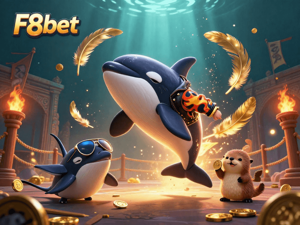 Engage with F8bet's exciting casino experience featuring an orca, stingray, and otters in vibrant underwater adventure.