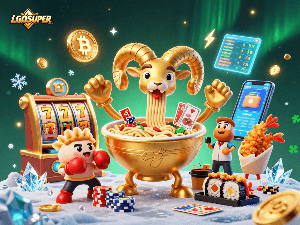 Experience the exciting world of LGOSUPER with dynamic slot reels, crypto coins, and energetic characters.