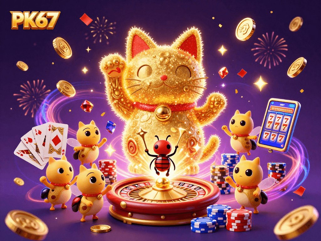 Engage with PK67 through vibrant gaming elements amidst a dazzling lucky cat and festive effects.
