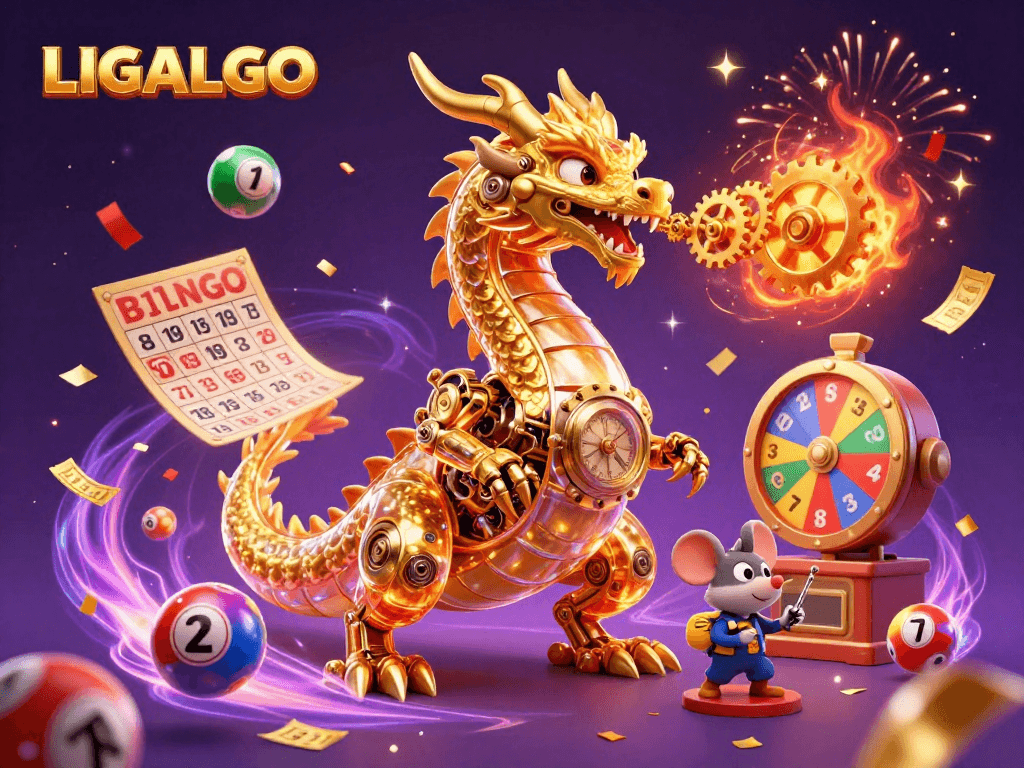 LIGALGO showcases a vibrant 3D scene with a golden dragon and colorful lottery elements for an engaging gaming experience.