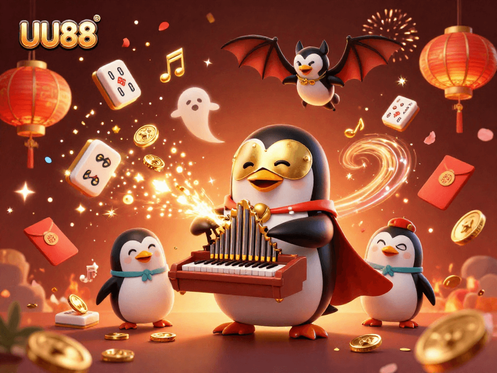 Experience the fun at UU88 with a vibrant casino scene featuring a penguin organist and festive elements.