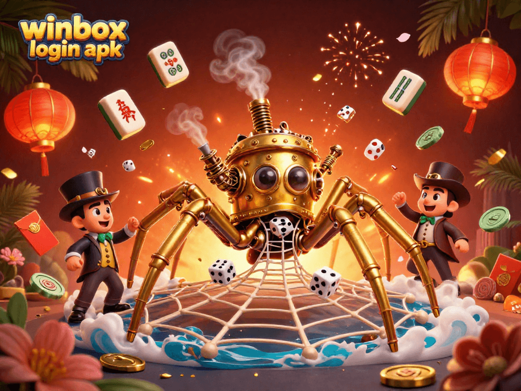 Experience the thrill of winbox login apk with a steampunk spider catching dice in a vibrant casino atmosphere.