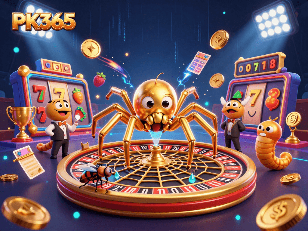 Engage in thrilling gameplay with PK365's slots, featuring vibrant characters in a dynamic casino atmosphere.