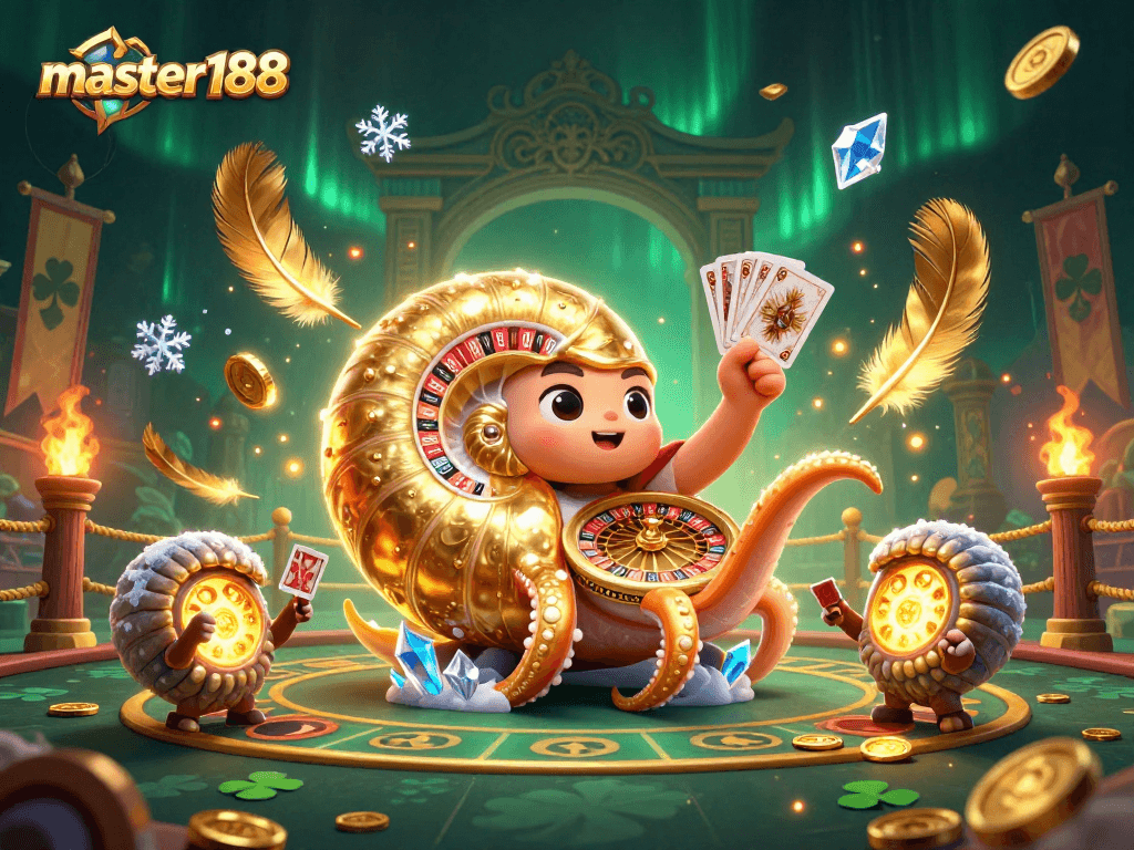 Master188 features a vibrant casino-themed scene with a nautilus roulette wheel and glowing ammonite companions.