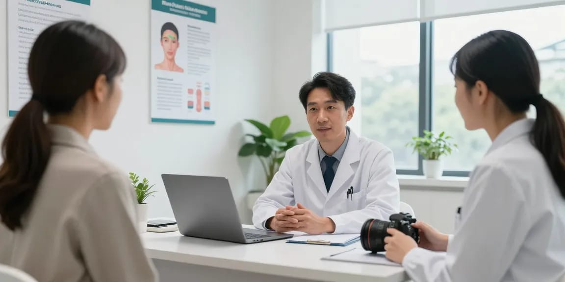Physician explaining melanoma risks of tanning beds to patient in a modern clinic; read more on skin health.
