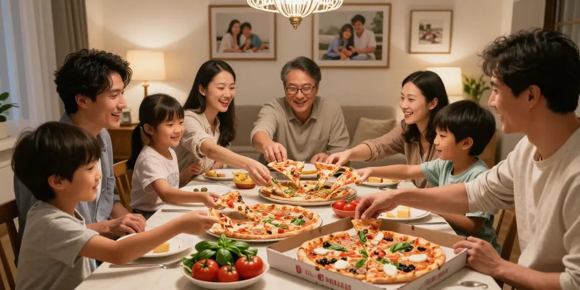 Family pizza night with pokemontoto-themed gourmet slices in a cozy home setting.