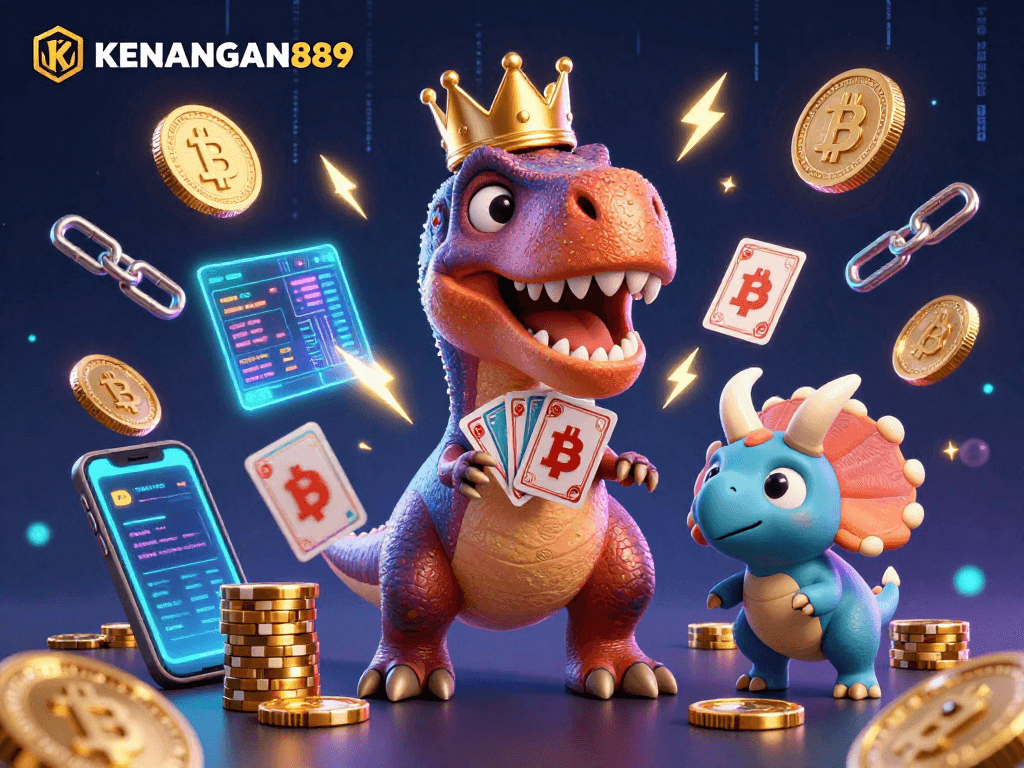 Join the adventure with KENANGAN889 as cartoon dinosaurs play slots, shuffle cards, and stack chips.