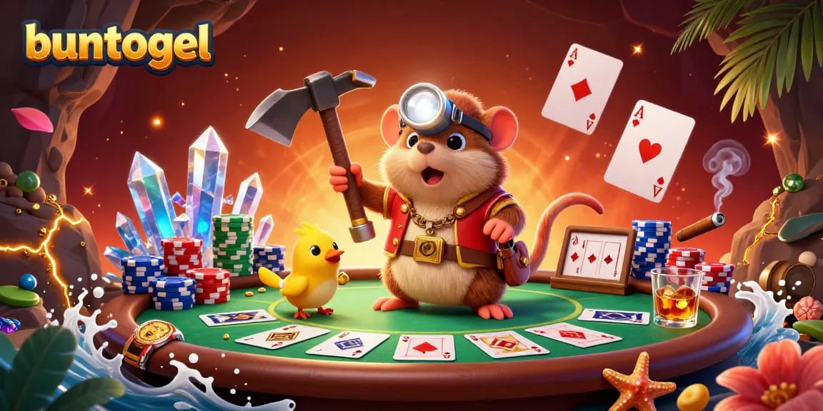Play exciting games and win with buntogel while enjoying a vibrant casino scene filled with tokens and cards.