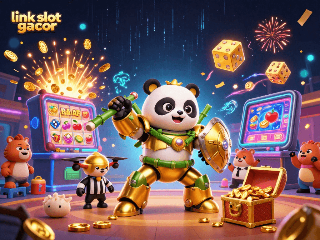 Experience thrilling wins with link slot gacor as dynamic 3D panda pilots in an animated casino scene.
