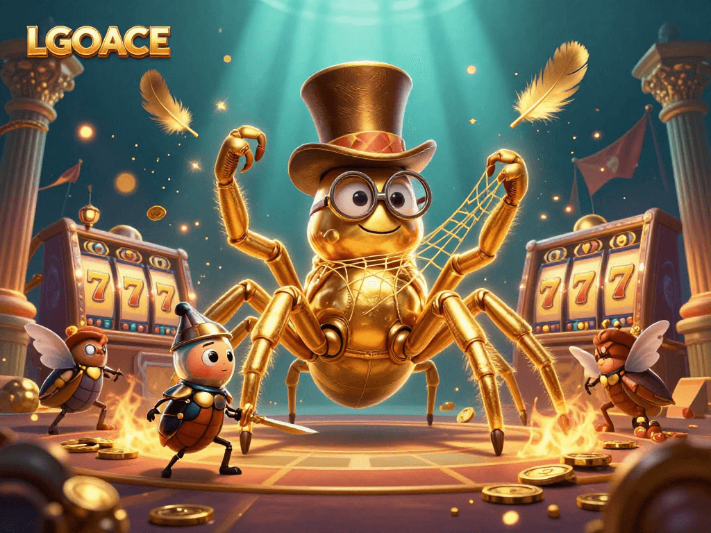 LGOACE showcases a dynamic casino scene featuring a golden tarantula weaving its web with excitement and action.