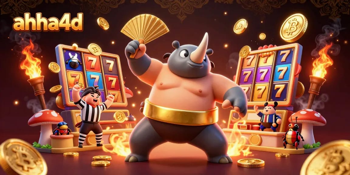 Engage with ahha4d as the beetle champion celebrates a jackpot win, surrounded by dynamic casino elements.