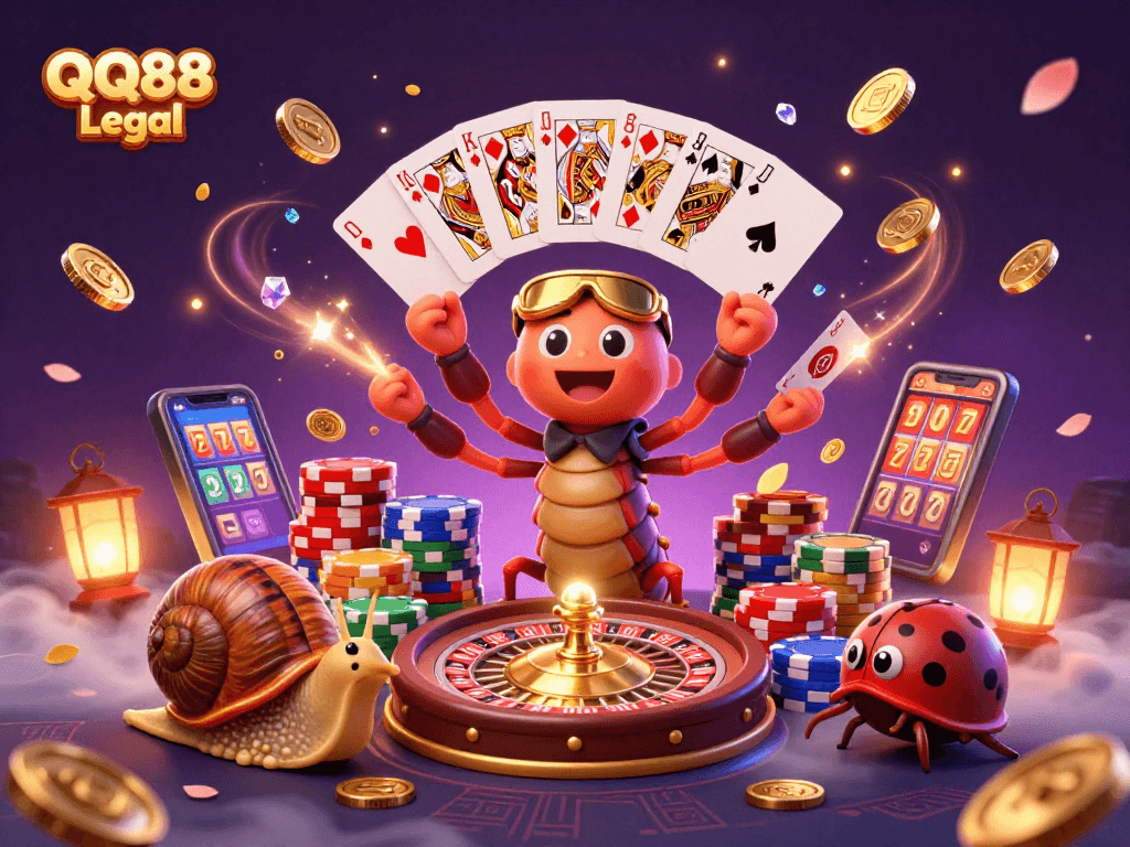 Experience the thrill of QQ88 Legal with a vibrant 3D casino scene featuring a millipede dealer and chip stacks.