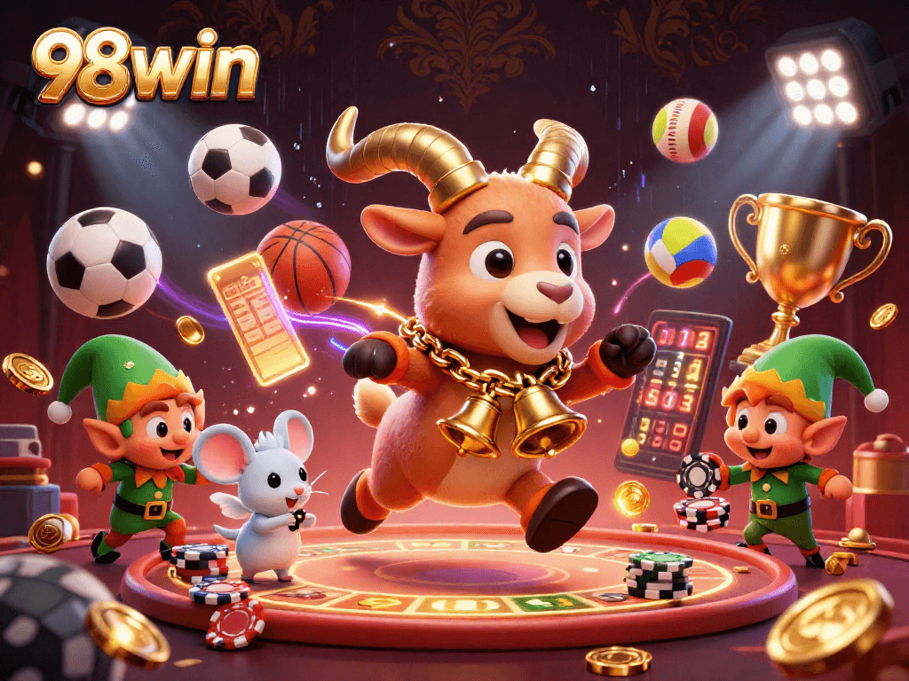 Play and win with 98win in a dynamic 3D casino scene filled with festive chaos.