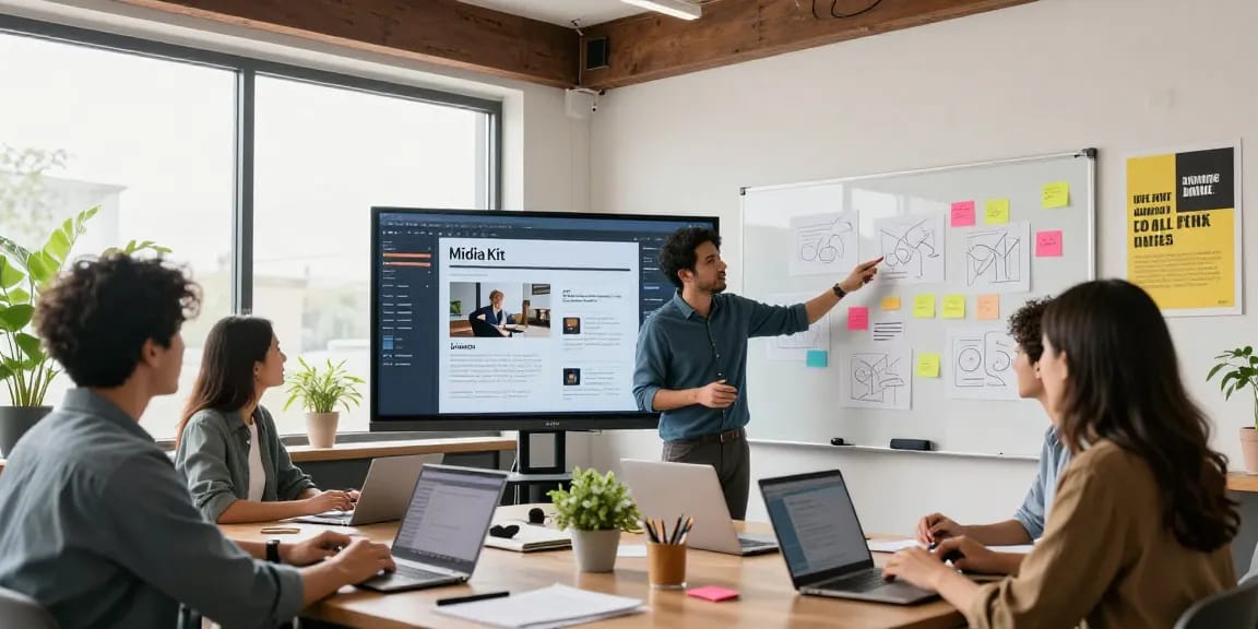 Marketing professionals collaborating on a digital MidiaKit presentation in a bright creative studio.