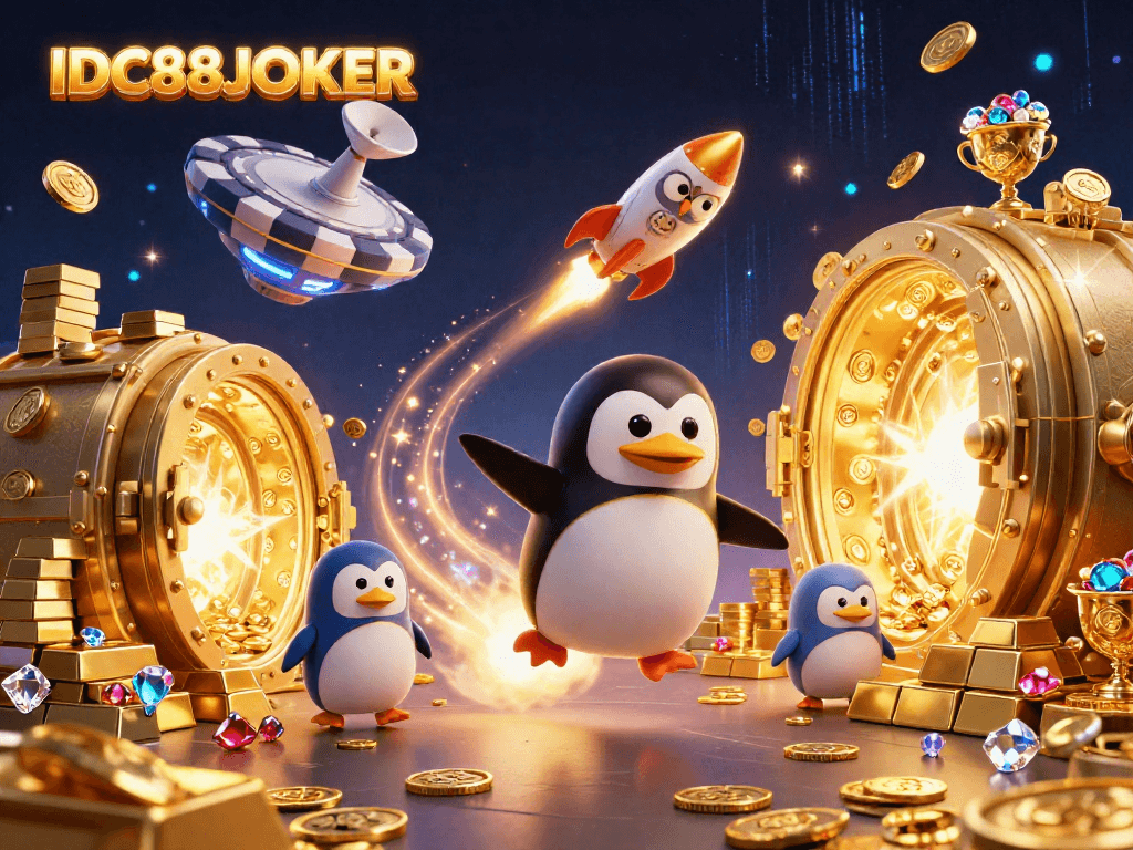 Experience the thrill of gambling with IDC88JOKER featuring a golden penguin and poker chip casino in space.