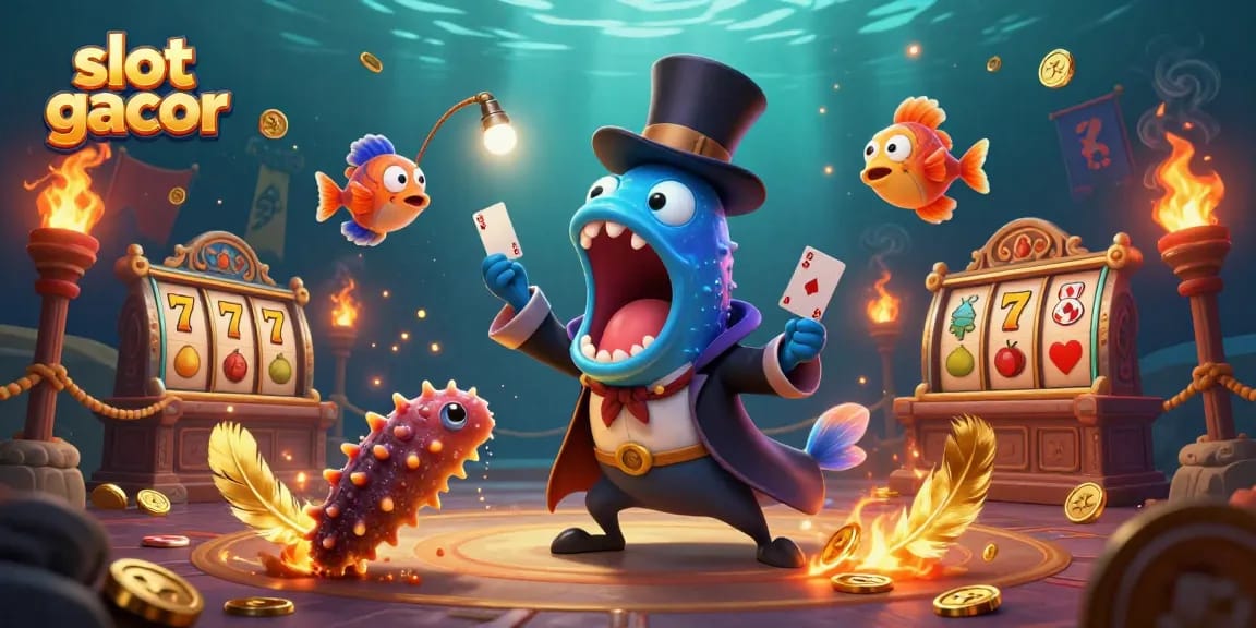 Engage with slot gacor as a bioluminescent eel performs card tricks amidst vibrant casino elements.