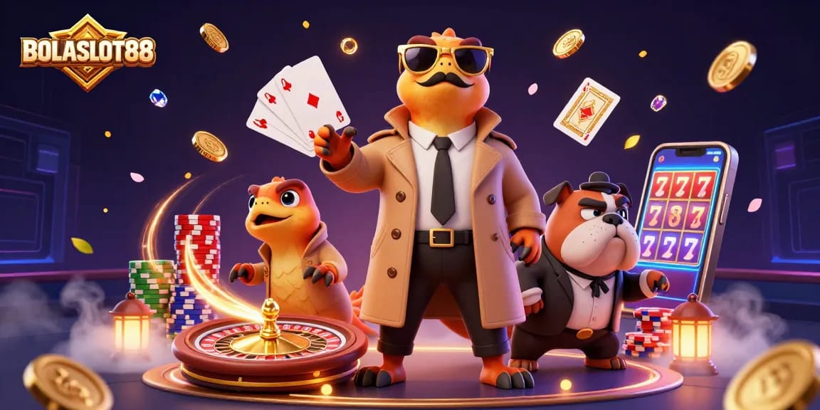 BOLASLOT88 menghadirkan ilustrasi kasino dengan raptors dalam jas, bouncer bulldog, dan simbol permainan memikat.