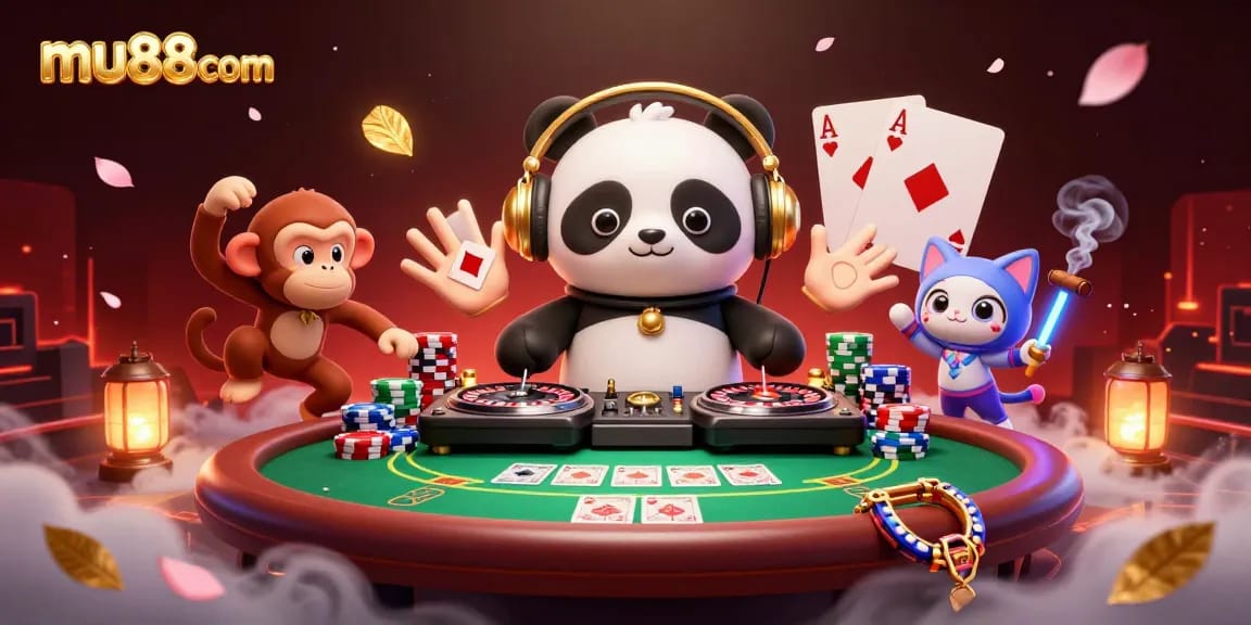 Experience mu88com with an energetic gambling scene showcasing a DJ panda, vibrant poker elements, and a dynamic atmosphere.