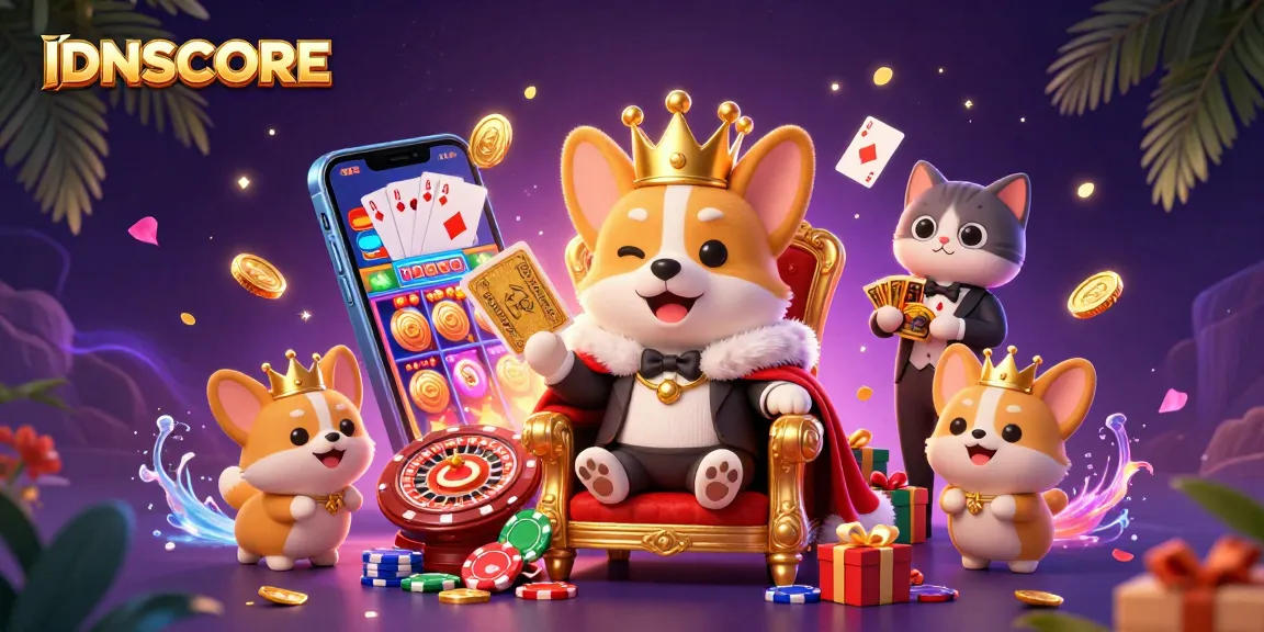 Experience IDNSCORE slot adventures with a royal corgi and vibrant gaming elements.