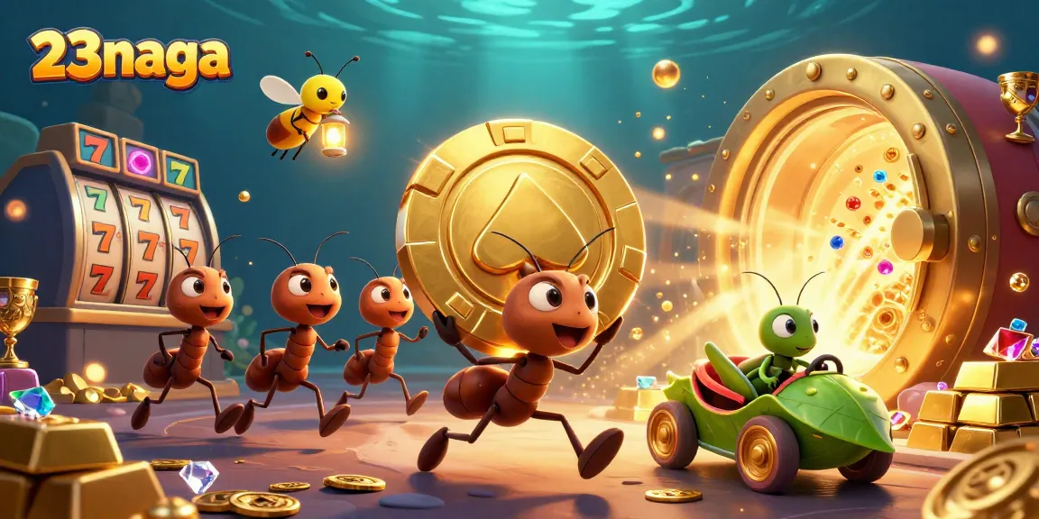 Engaging 23naga heist scene with ants stealing giant poker chip amidst casino treasures.