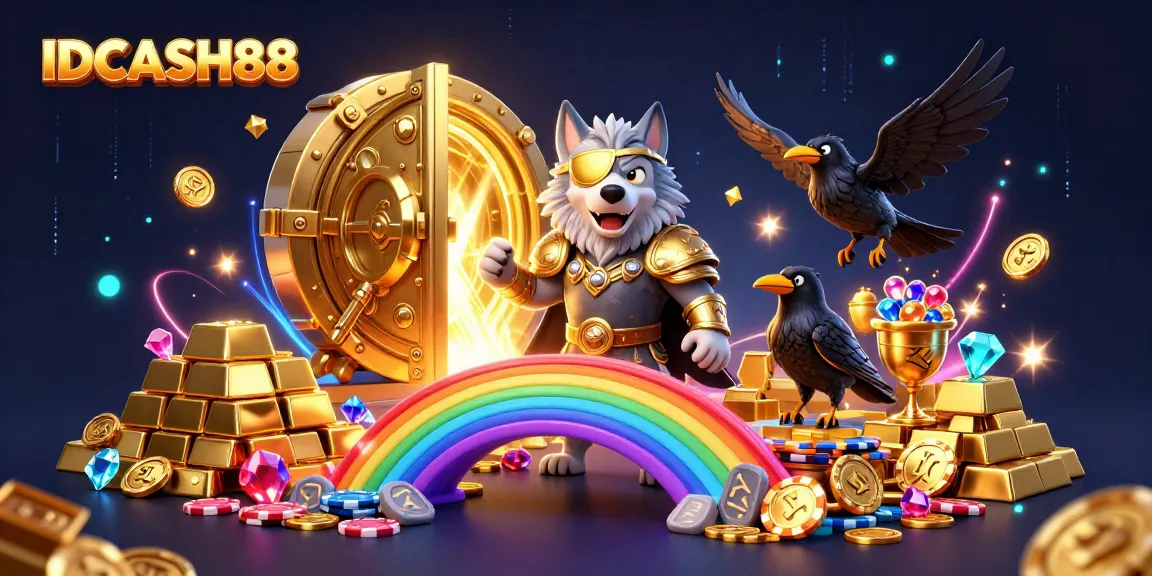 Win big with IDCASH88 at the vibrant Norse-themed casino adventure illustration.