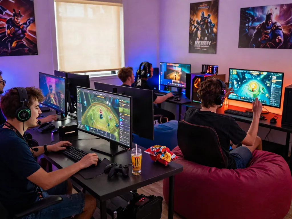 Keasyikan bermain natunatoto di ruang gaming berwarna-warni dengan pemain beragam, memperlihatkan interaksi dan grafik permainan.