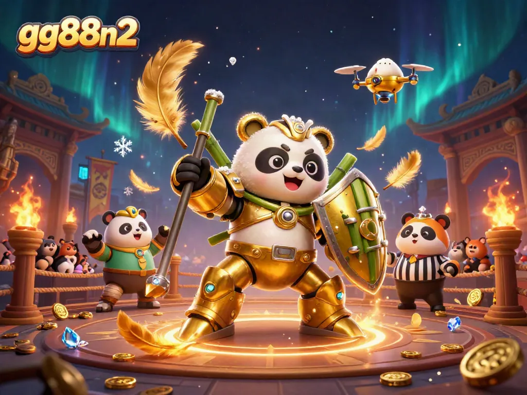 Engage in thrilling gameplay at gg88n2 with a 3D cartoon mech-panda in a lively casino arena.