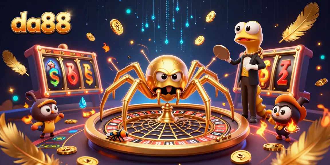 Experience thrilling bets at da88 with a golden spider and centipede croupier in an explosive casino scene.