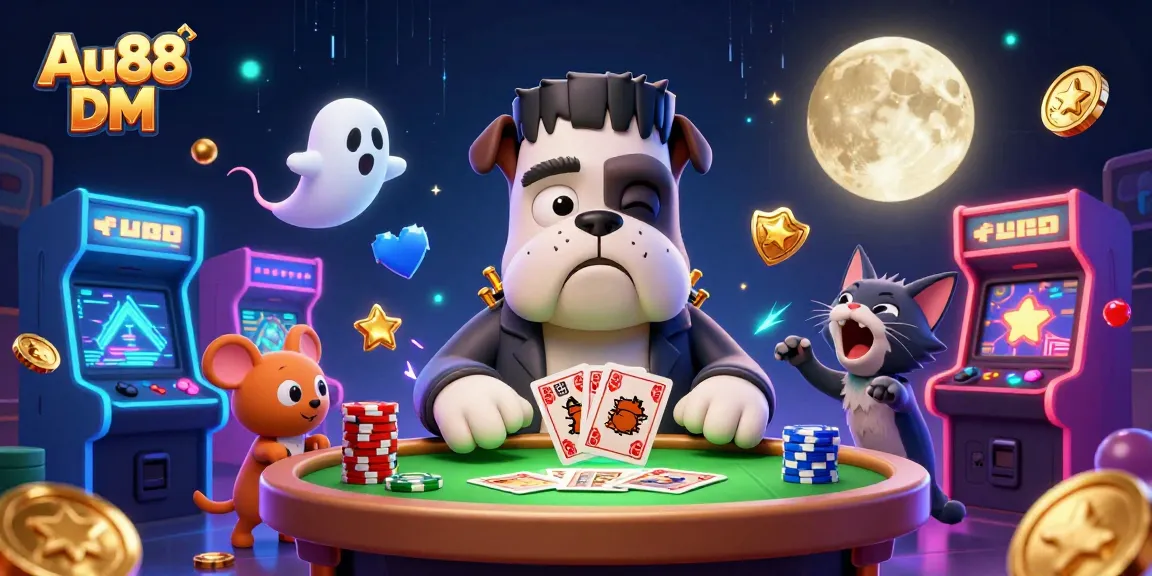 Seize the thrilling action at Au88 DM with a spooky casino scene teeming with excitement and cartoon characters.