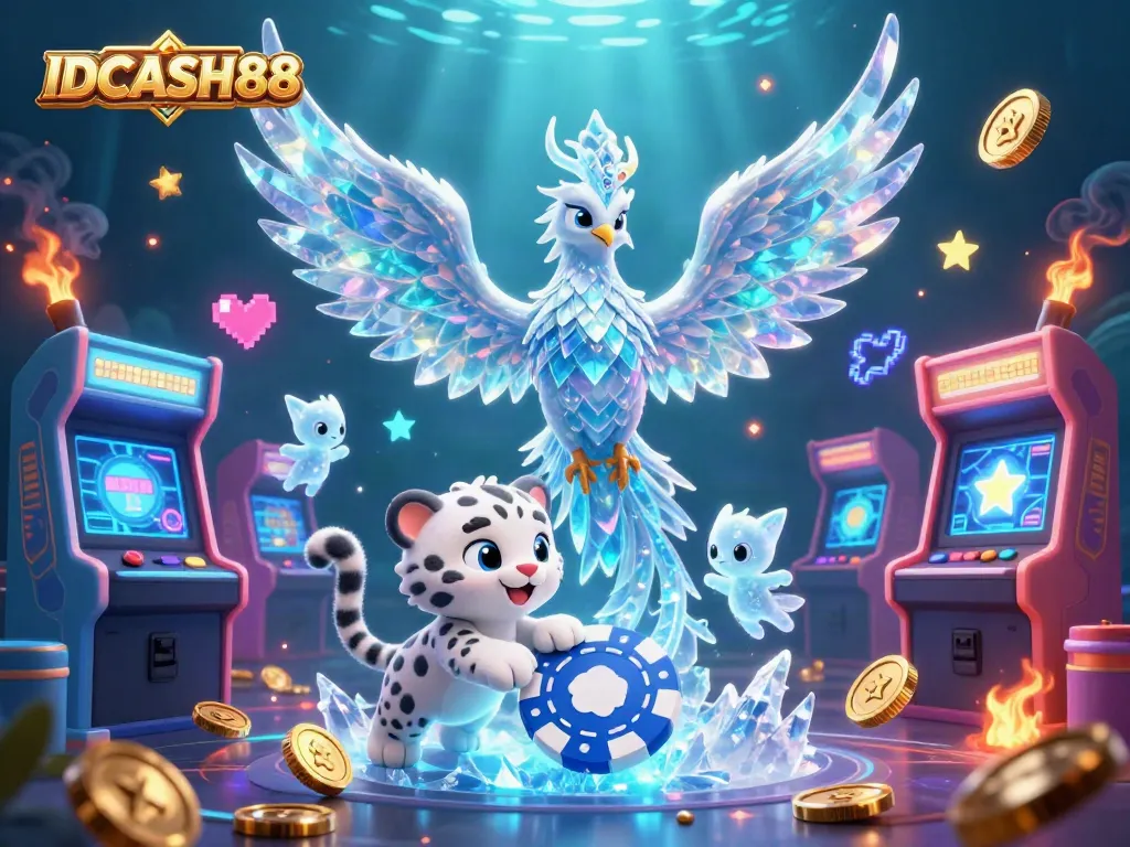 Engage with IDCASH88 in a vibrant scene featuring an ice phoenix and gaming elements reflecting fun and excitement.