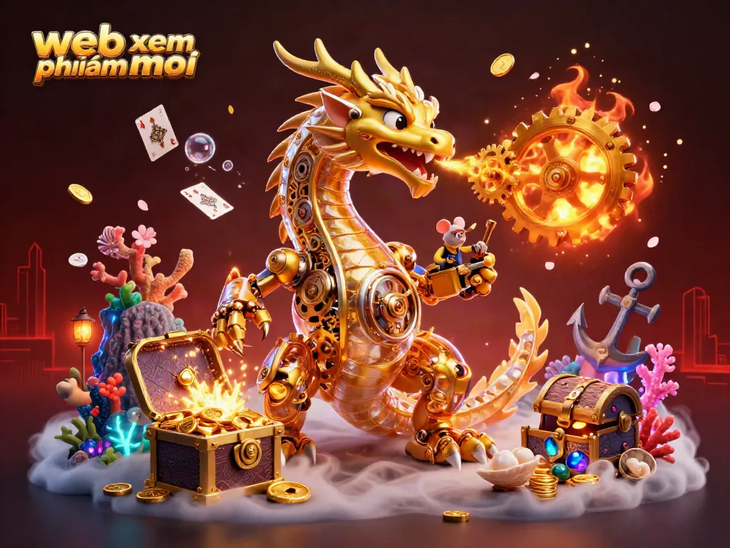 Experience web xem phimmoi excitement with a golden dragon and treasures in this energetic scene.