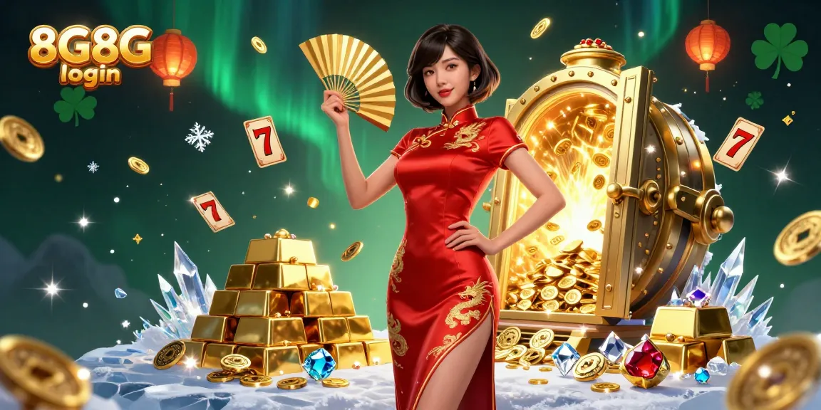 Experience the excitement of 8G8G login with vibrant casino elements and treasures in this rich 3D illustration.