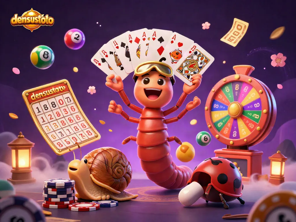 Mainkan denusustoto dengan dealer kartun, tiket emas, dan bola lotere berwarna-warni.
