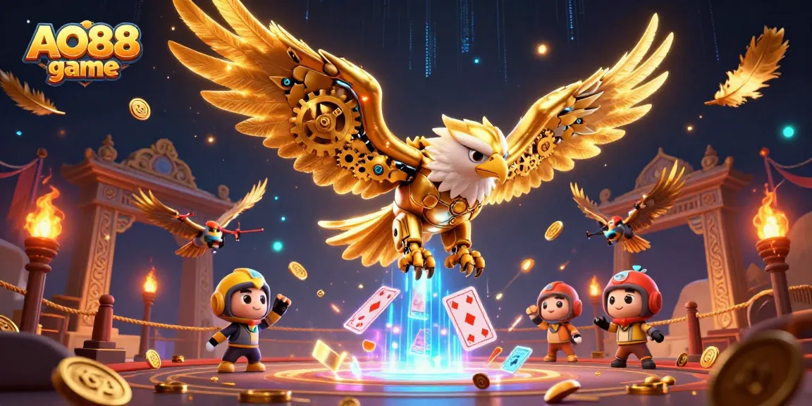 Play the AO88 game with a 3D cybernetic eagle soaring through holographic cards, embodying virtual gambling adventure.
