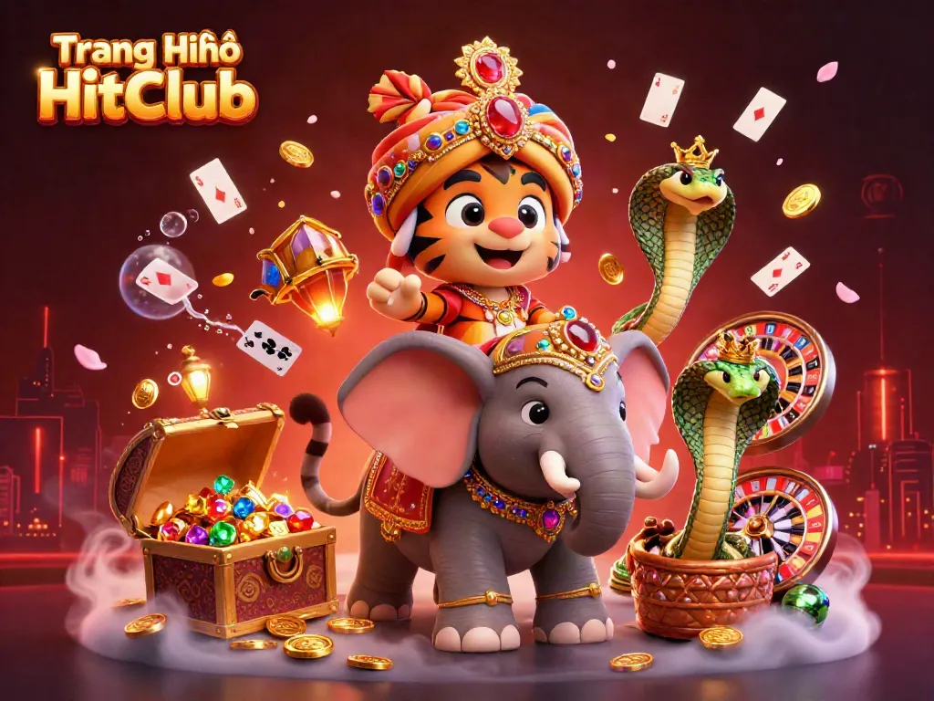 Engaging gaming experience scene at Trang Chủ HitClub with a maharaja tiger and elephant.