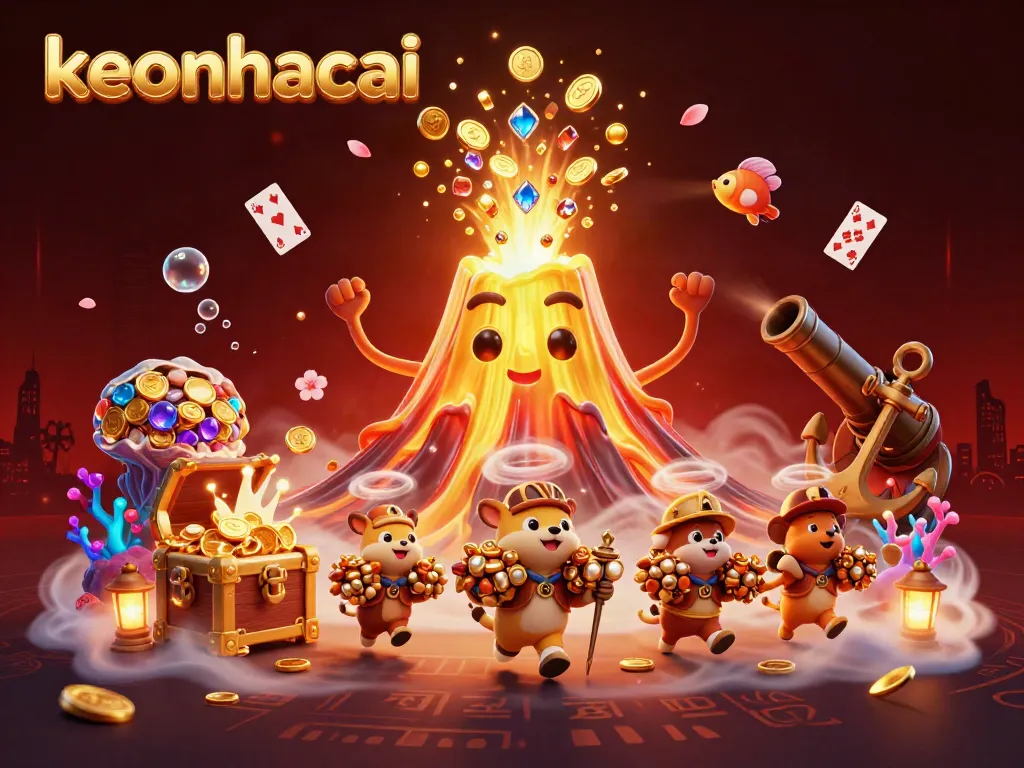 Experience keonhacai as a golden volcano erupts treasure in a vibrant casino scene.