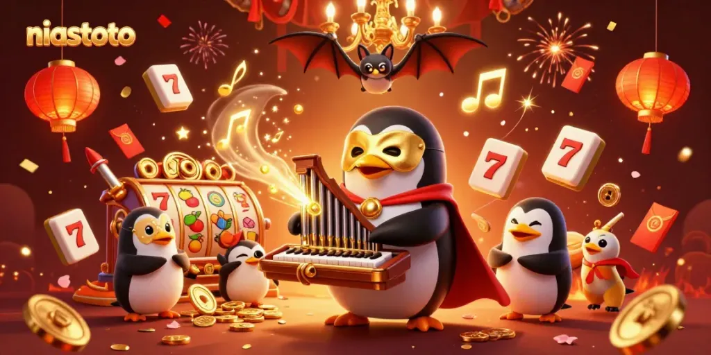 Gambarkan niastoto dengan penguin opera bermain organ sambil melontarkan koin emas pada permainan slot yang meriah.