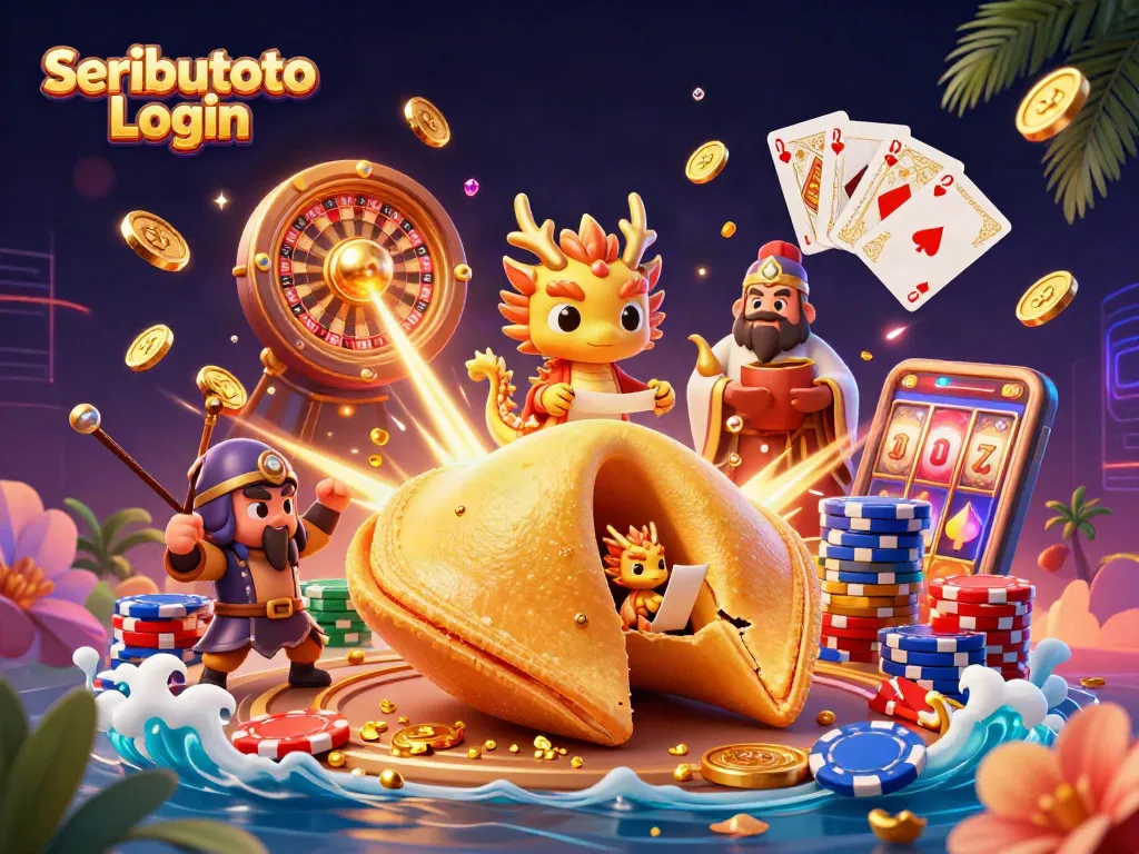 Engage with the Seributoto Login experience, featuring a dynamic casino scene with golden fortune elements.