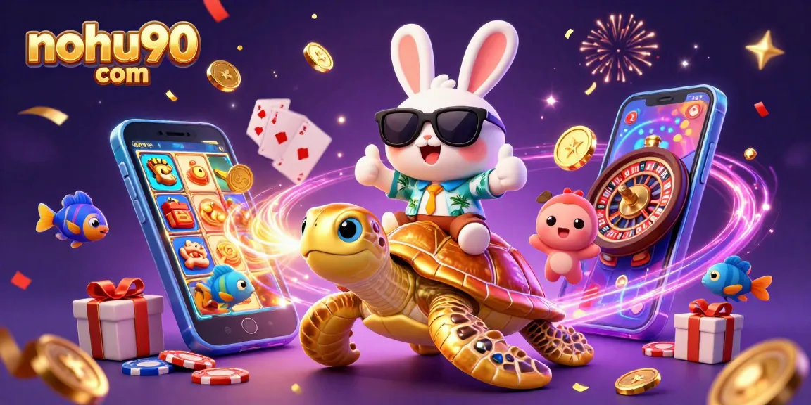 Experience thrilling wins at nohu90 com with a lucky rabbit and golden turtle in an exciting casino scene.