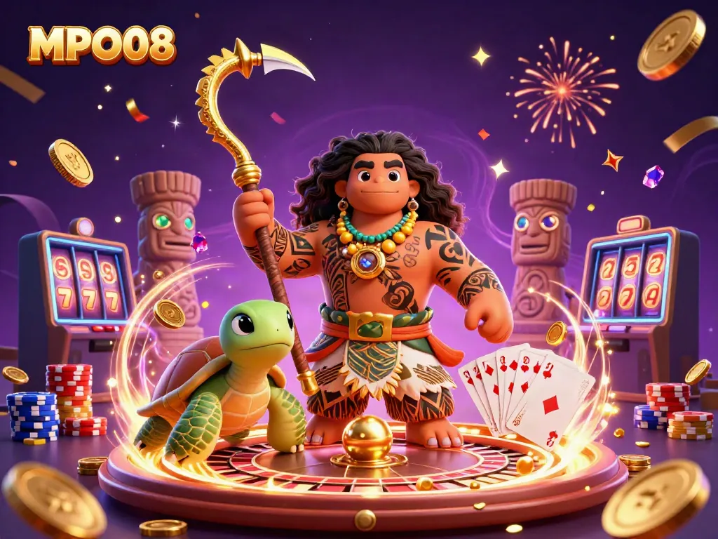 Experience the dynamic energy of MPO08 with a vibrant casino scene featuring a hawk demigod and a colorful turtle.