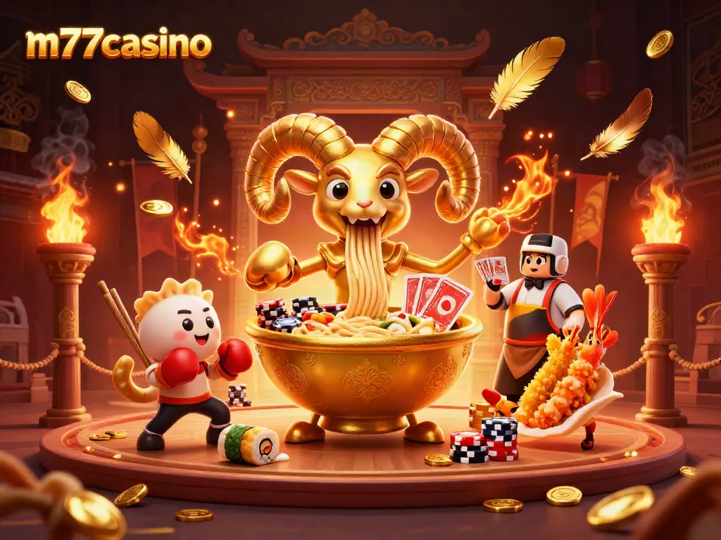 M77casino menghadirkan ilustrasi kasino 3D dengan ramen dan teman yang bersemangat