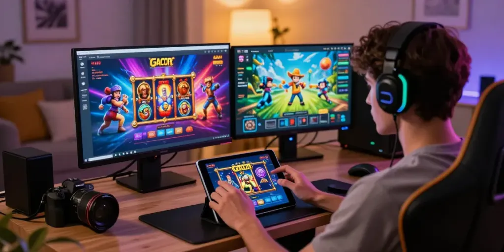 Player enjoying slot gacor game on a tablet in a modern, inviting gaming space.