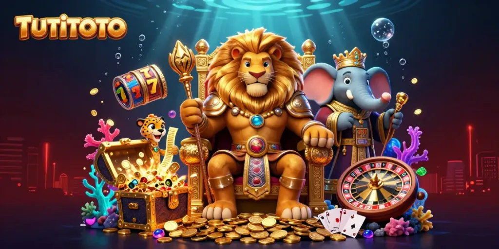 Engage in thrilling gameplay with TUTITOTO's fierce lion king and advisors in a vibrant 3D casino scene.