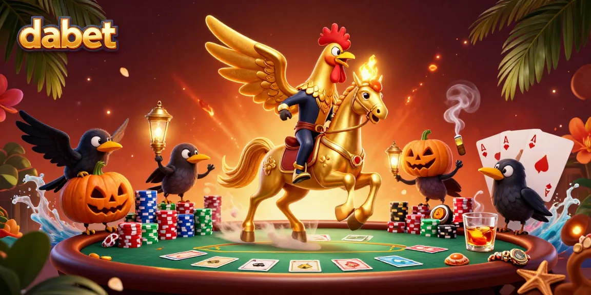 Experience the excitement at Dabet with a golden rooster riding through a casino landscape, showcasing vibrant action and poker elements.