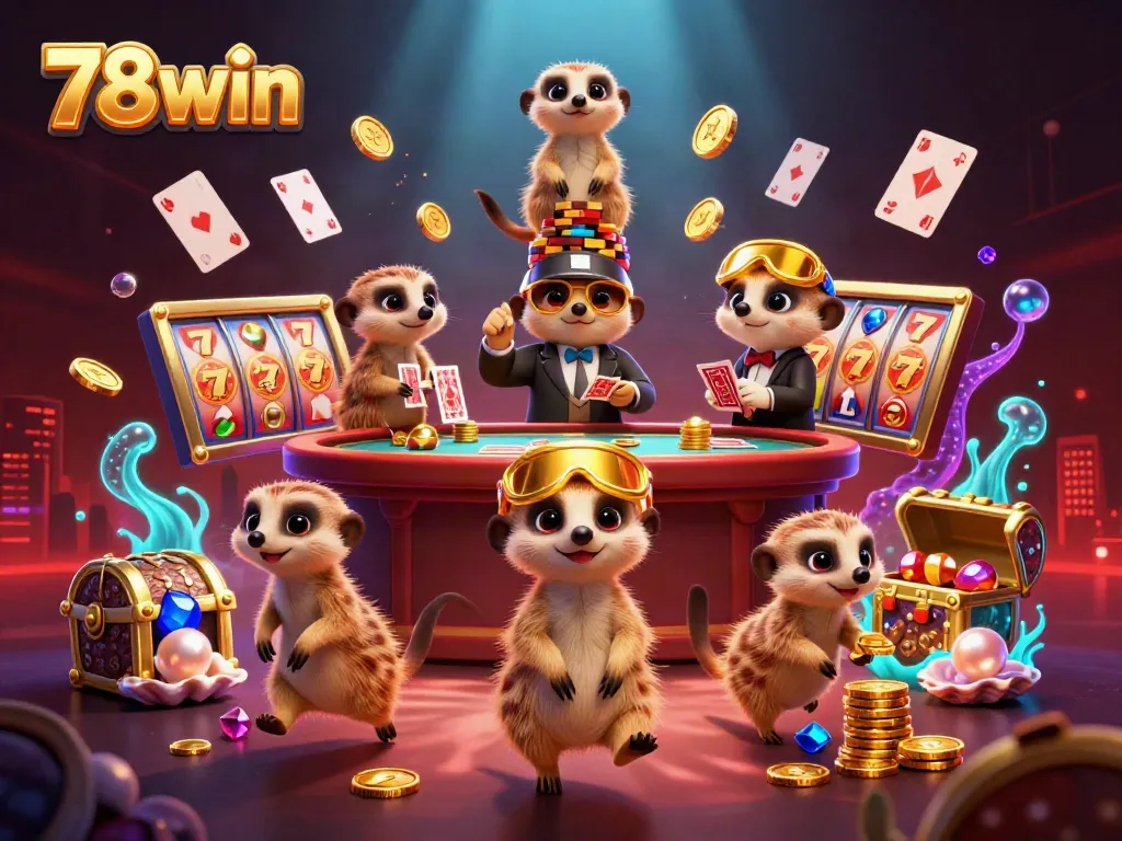 Experience thrilling gaming at 78win's vibrant casino with our meerkat team showcasing excitement and action.
