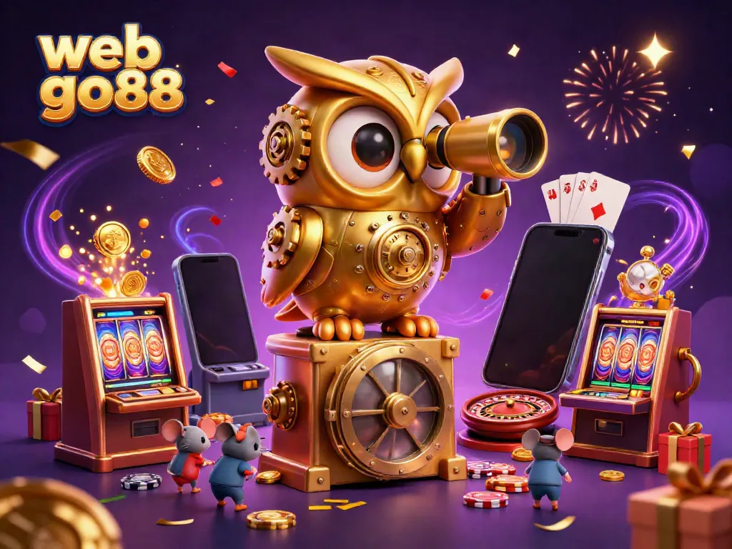 Experience the excitement of web go88 with a 3D casino illustration featuring an owl and animated characters.